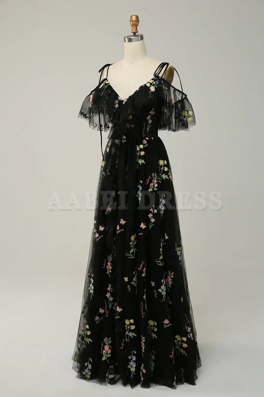 Prom Dress A-Line V-Neck Spaghetti Straps Ruched Side Fork Embroidery Lace Sweet Formal Wear Dresses