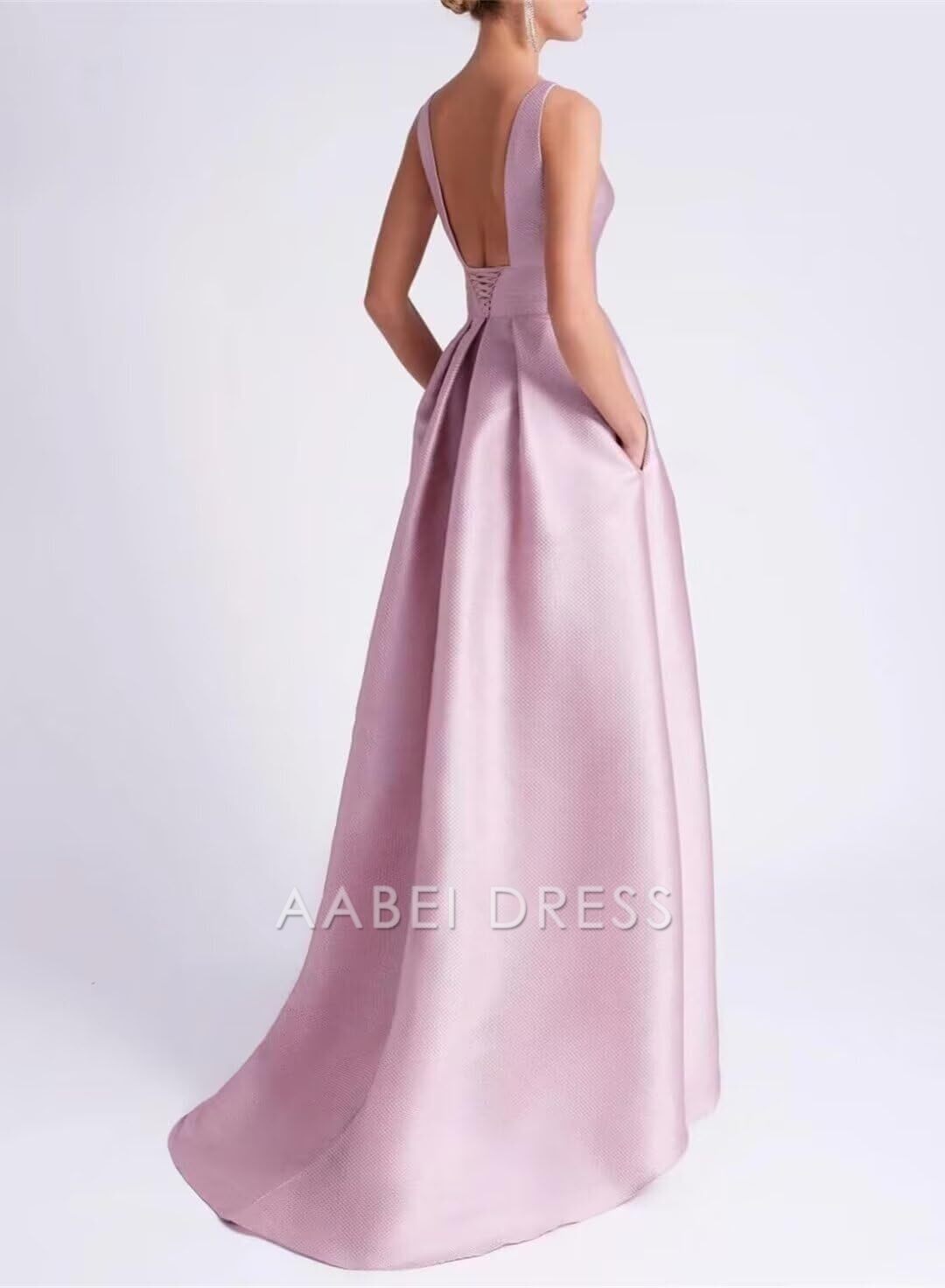 AABEI DRESS High Quality Mother of The Bride Dress A Line Satin Hi-Low Dresses Crew Neck Dress with Pockets Elegance Formal Dresses