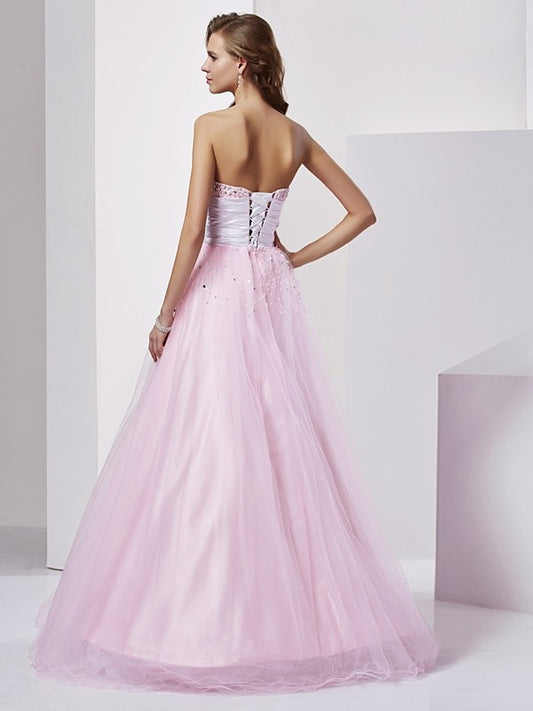 Ball Gown Strapless Sleeveless Beading Long Woven Satin Quinceanera Dresses