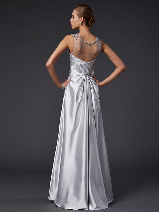 A-Line/Princess V-neck Sleeveless Beading Long Woven Satin Dresses