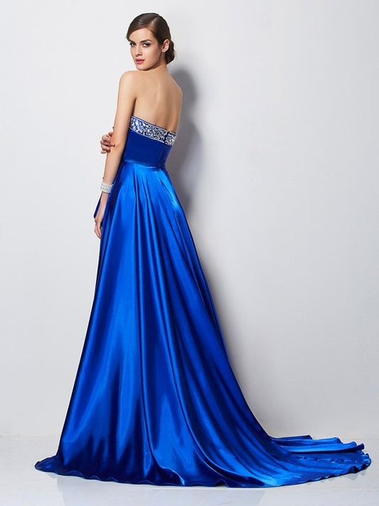 A-Line/Princess Sweetheart Sleeveless Beading High Low Woven Satin Dresses