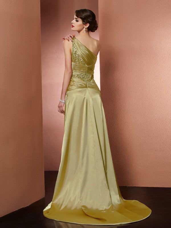 Sheath/Column One-Shoulder Sleeveless Beading Long Woven Satin Dresses