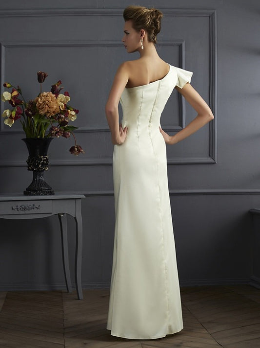 Sheath/Column One-Shoulder Sleeveless Pleats Long Woven Satin Bridesmaid Dresses