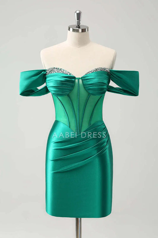 AABEI DRESS New Homecoming Dress Elegant Sheath Sweetheart Off the Shoulder Sleeveless Pleated Beading Short Graduation Dress