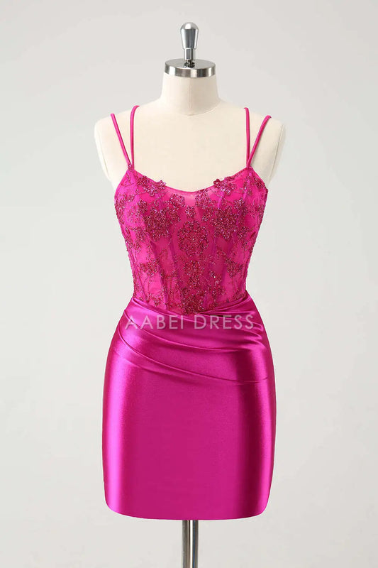 AABEI DRESS New Homecoming Dress Exquisite Bodycon Spaghetti Straps Pleated Backless Beaded Short Graduation Dress