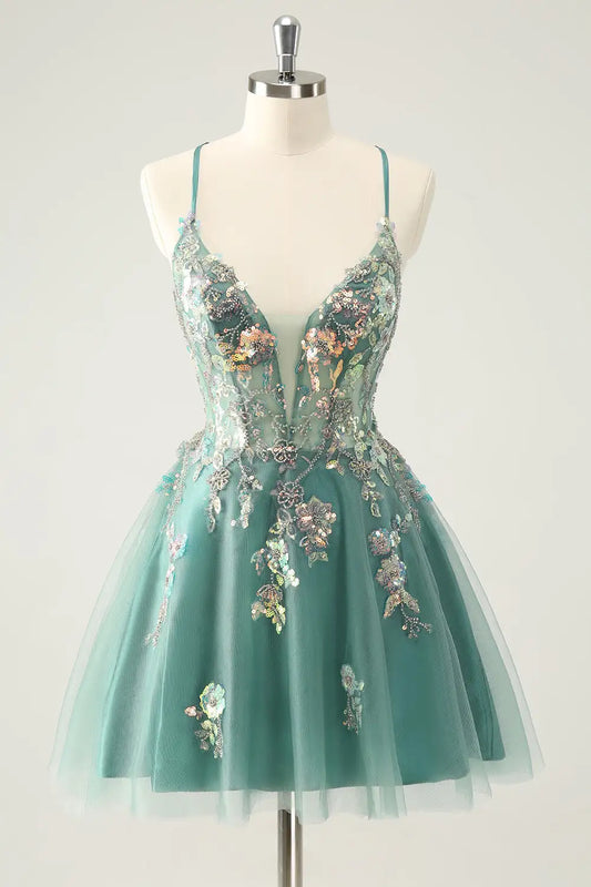 AABEI DRESS New Homecoming Dress Glitter A Line Spaghetti Straps Sequins Applique Backless Charming Short Graduation Dress