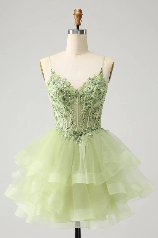 AABEI DRESS New Homecoming Dress A-Line V Neck Spaghetti Strap Backless Tulle Tiered Appliques Gorgeous Short Graduation Dress