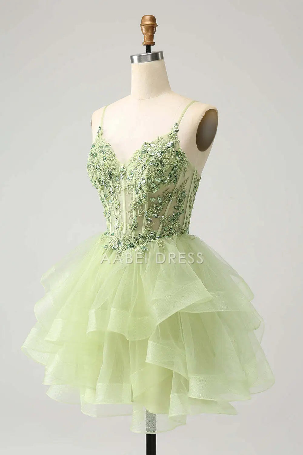 AABEI DRESS New Homecoming Dress A-Line V Neck Spaghetti Strap Backless Tulle Tiered Appliques Gorgeous Short Graduation Dress