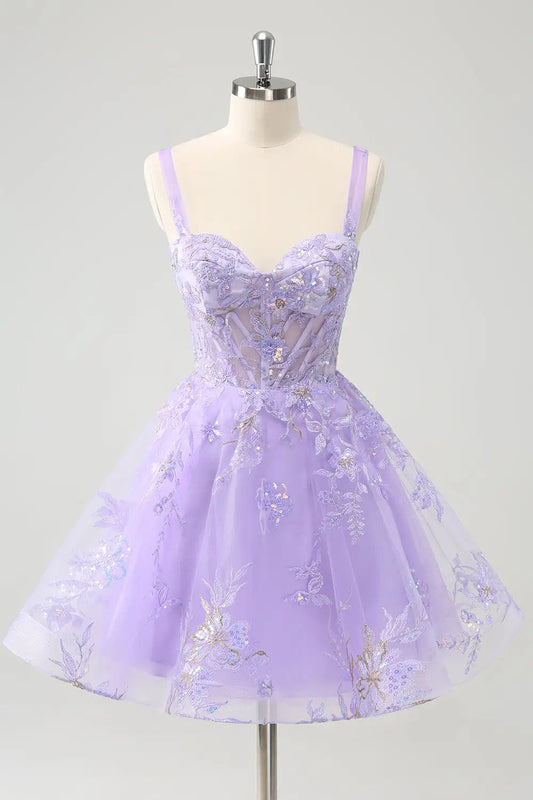 AABEI DRESS New Homecoming Dress A-Line Wide Shoulder Strap Sleeveless Sweetheart Corset Embroidered Backless Sequins Short Graduation Dress