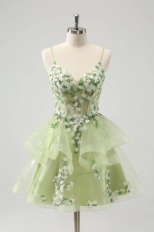 AABEI DRESS New Homecoming Dress Exquisite A-Line V Neck Spaghetti Strap Backless Applique Tiers Ruffles Short Graduation Dress