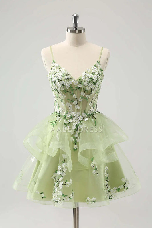 AABEI DRESS New Homecoming Dress Exquisite A-Line V Neck Spaghetti Strap Backless Applique Tiers Ruffles Short Graduation Dress