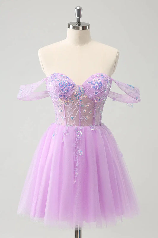AABEI DRESS New Homecoming Dress Sparkle A Line Sweetheart Off the Shoulder Sleeveless Backless Sequined Short Graduation Dress