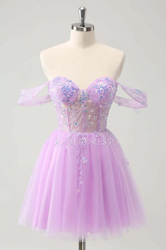 AABEI DRESS New Homecoming Dress Sparkle A Line Sweetheart Off the Shoulder Sleeveless Backless Sequined Short Graduation Dress