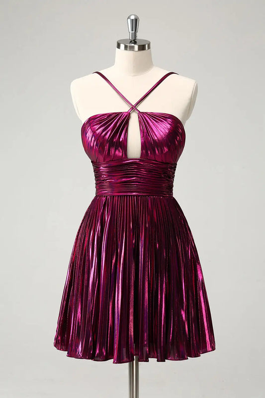 AABEI DRESS New Homecoming Dress Fashion A Line Halter Pleated Hollow Out Backless Sparkle Short Graduation Dress