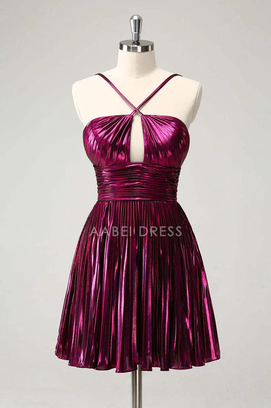 AABEI DRESS New Homecoming Dress Fashion A Line Halter Pleated Hollow Out Backless Sparkle Short Graduation Dress