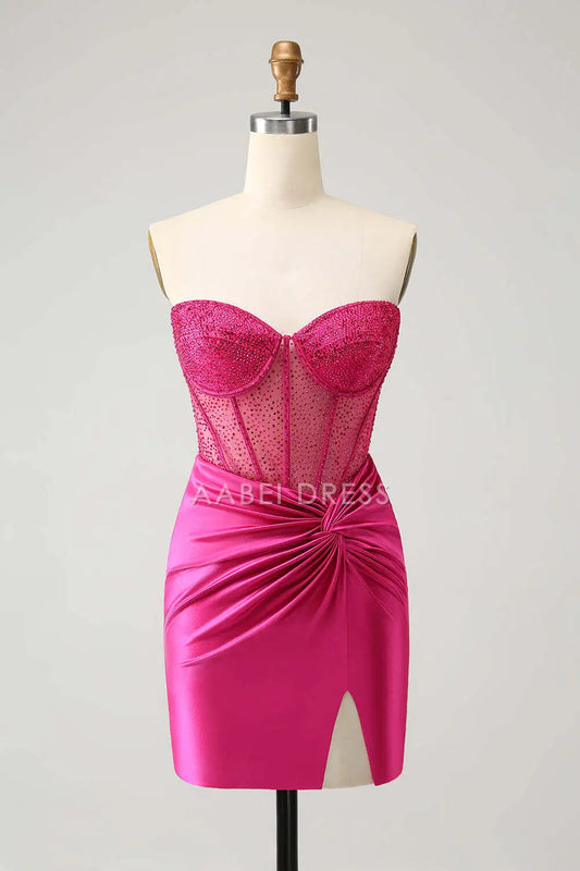 AABEI DRESS New Homecoming Dress Sparkly Strapless Sweetheart Tight Beaded Corset Pleated Side Fork Charming Short Graduation Dress