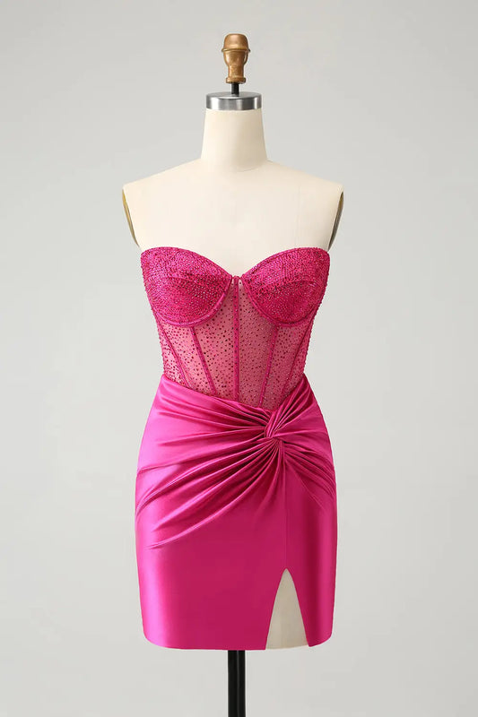 AABEI DRESS New Homecoming Dress Sparkly Strapless Sweetheart Tight Beaded Corset Pleated Side Fork Charming Short Graduation Dress