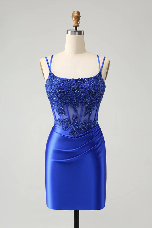AABEI DRESS New Homecoming Dress Exquisite Sheath Corset Spaghetti Straps Pleated Backless Beadwork Short Graduation Dress