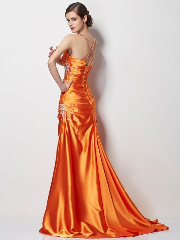 A-Line/Princess Spaghetti Straps Sleeveless Beading Long Woven Satin Dresses