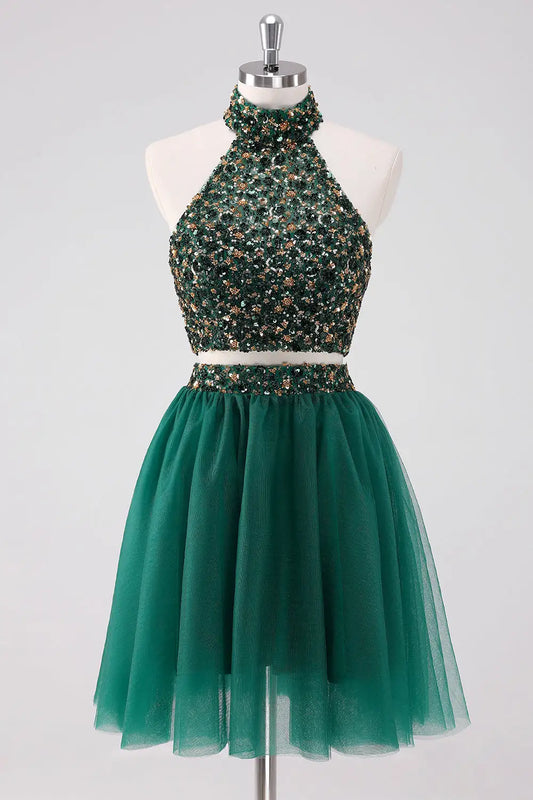 AABEI DRESS New Homecoming Dress Sparkly Two piece set A-Line Halter Sleeveless Sequins Backless Fashion Short Graduation Dress