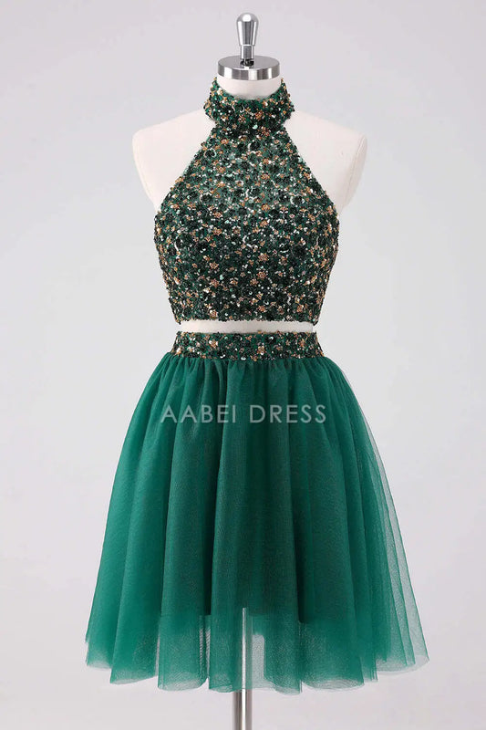 AABEI DRESS New Homecoming Dress Sparkly Two piece set A-Line Halter Sleeveless Sequins Backless Fashion Short Graduation Dress