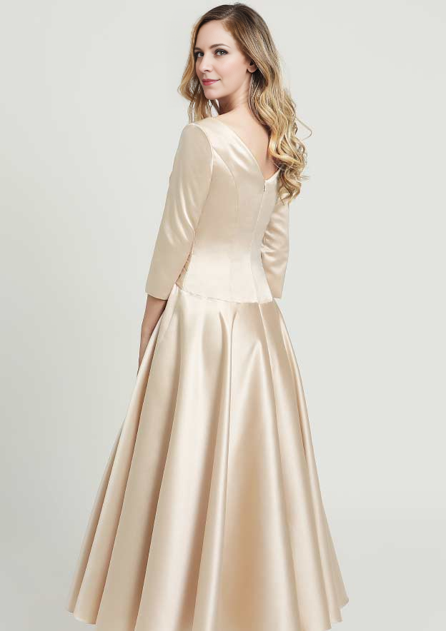 Elegant Wedding Guest Dresses Champagne Satin A-line V Neck 3/4 Sleeve With Pleated Ankle-Length Bargain Mother of the Bride Dress