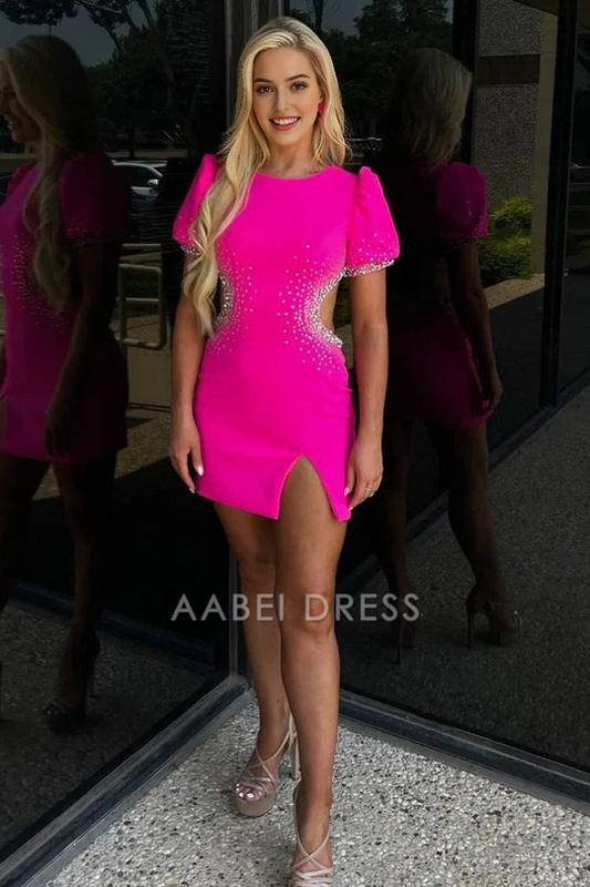 AABEI DRESS New Homecoming Dress Sparkle Round Neck Short Sleeves Empire Beaded Show waist Satin Fitted Side Fork Fashion Short Prom Dresse