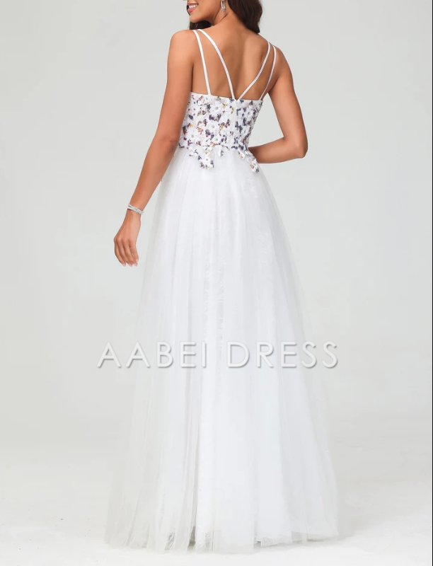 AABEI DRESS A-Line Deep V-Neck Spaghetti Straps Tulle Floor-Length Dress Elegant Evening Dress