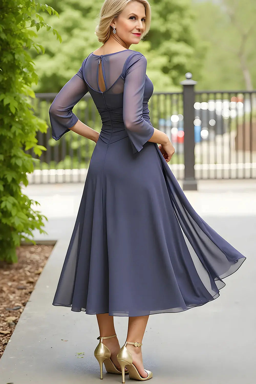 Steel Grey Chiffon A Line Boat Neck 3/4 Long Sleeve Ruched Hem Elegant Simple Long Wedding Guest Dress Hot Sale Mother of the Bride Dresses