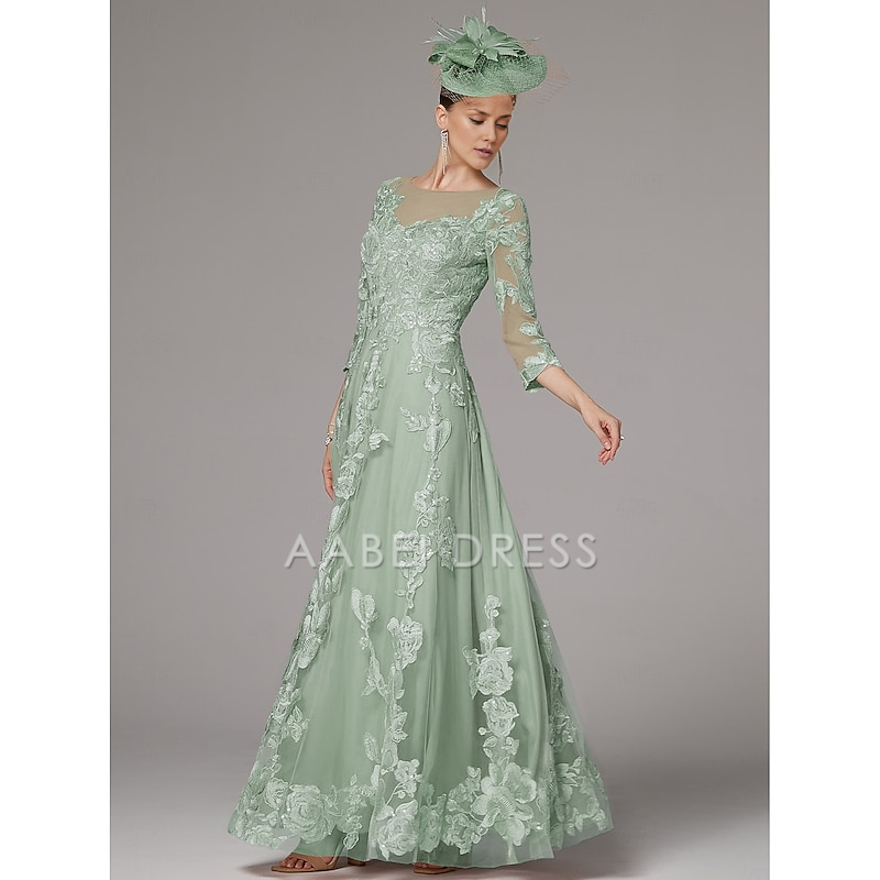 AABEI DRESS Wedding Guest Dress Exquisite A-Line Jewel Neck 3/4 Length Sleeve Beach Wedding Floor Length Lace Pleats Appliques Gorgeous Mother of the Bride Dress