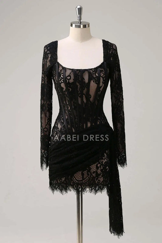 AABEI DRESS New Homecoming Dress Fashion Sheath Square Neck Long Sleeves Corset Pleated Backless Short Cocktail Dress Graduation Dress