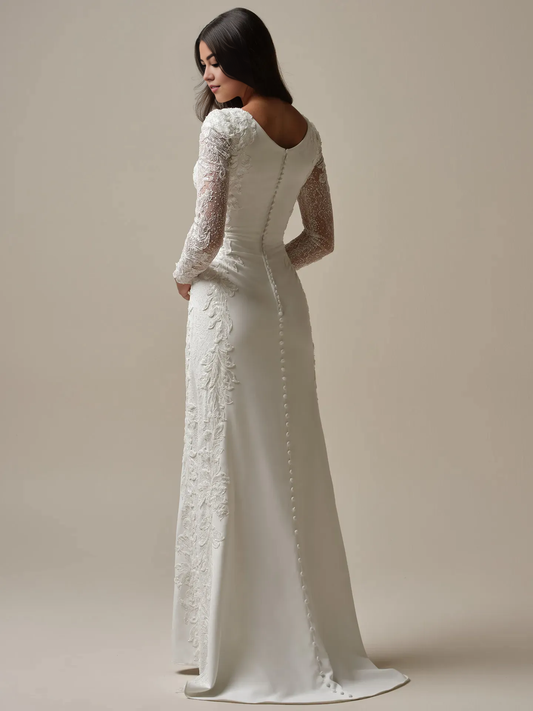 Wedding Dress Scoop Neck Long Sleeves Mermaid Beaded Crepe Floral Lace Sparkle Tulle Bridal Gown Formal Wear Dresses