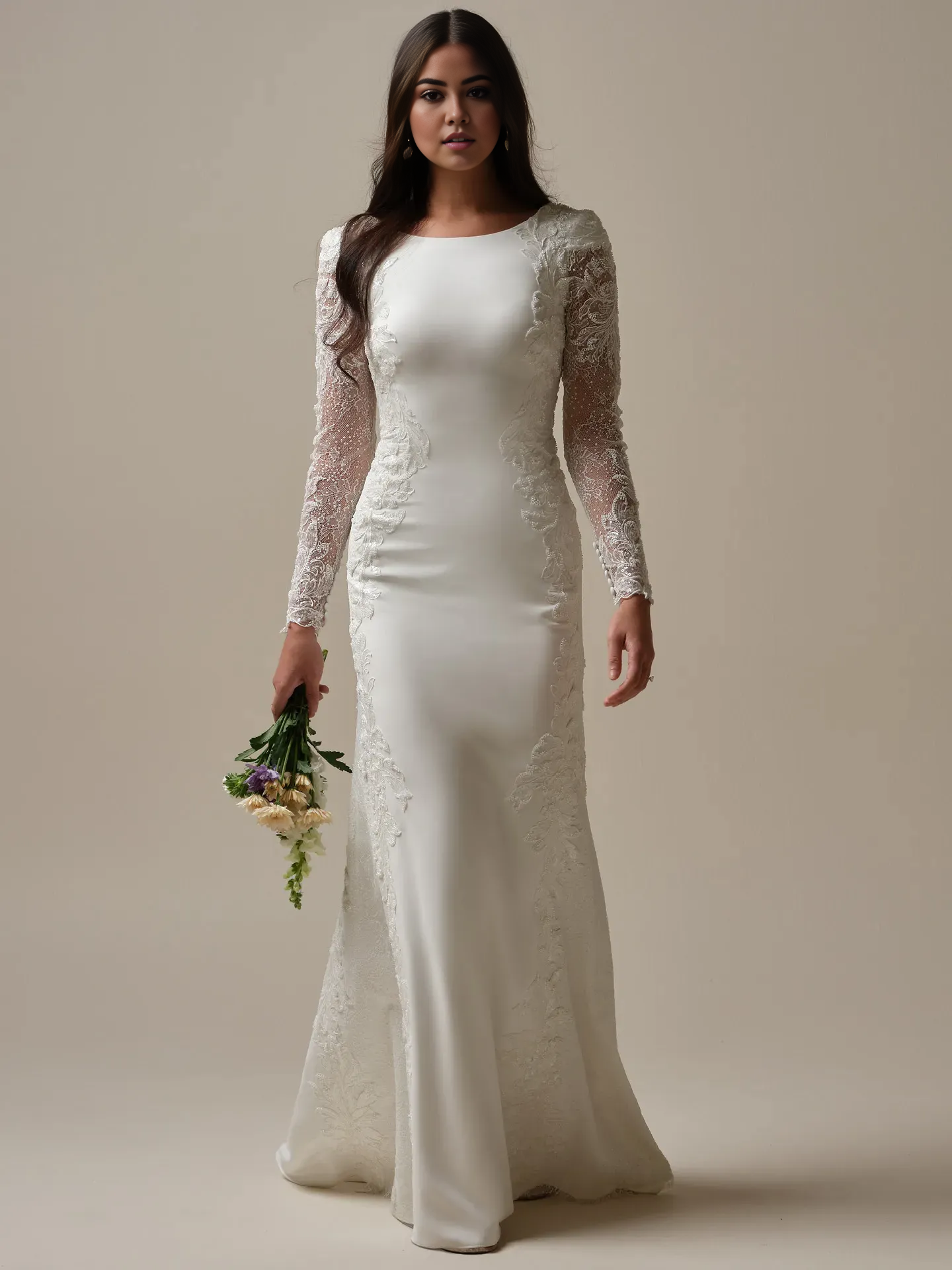 Wedding Dress Scoop Neck Long Sleeves Mermaid Beaded Crepe Floral Lace Aabei Dress Wedding Dress Scoop Neck Long Sleeves Mermaid Beaded Crepe Floral Lace Aabei Dress