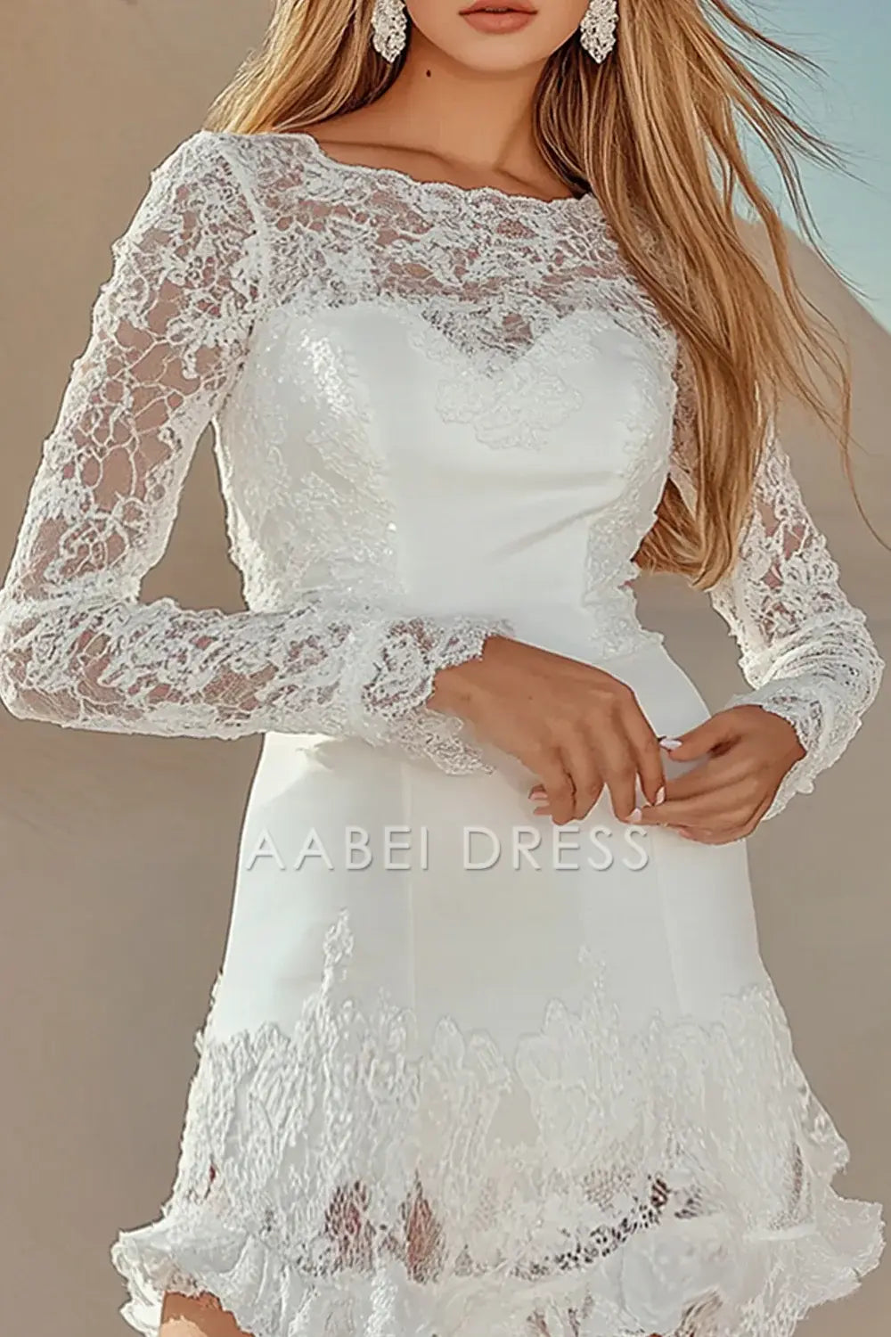 AABEI DRESS Hot Sale Homecoming Dress A Line Lace Boat Neck Long Sleeves Exquisite short Graduation Dress