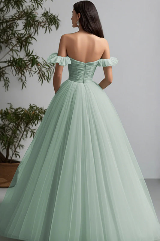 Light Green Party Dress Tulle A Line Off the Shoulder Sweetheart Neckline Pleated Backless Elegant Long Hot Sale Prom Dresses