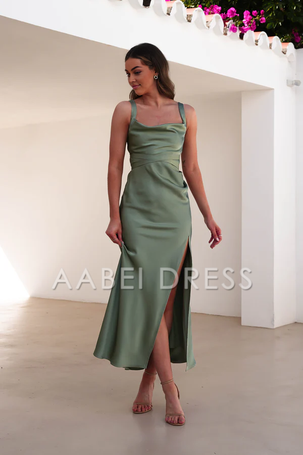 AABEI DRESS Prom Dress Petite Square Neck Thick Strap Thigh Split Elegant Simple dress
