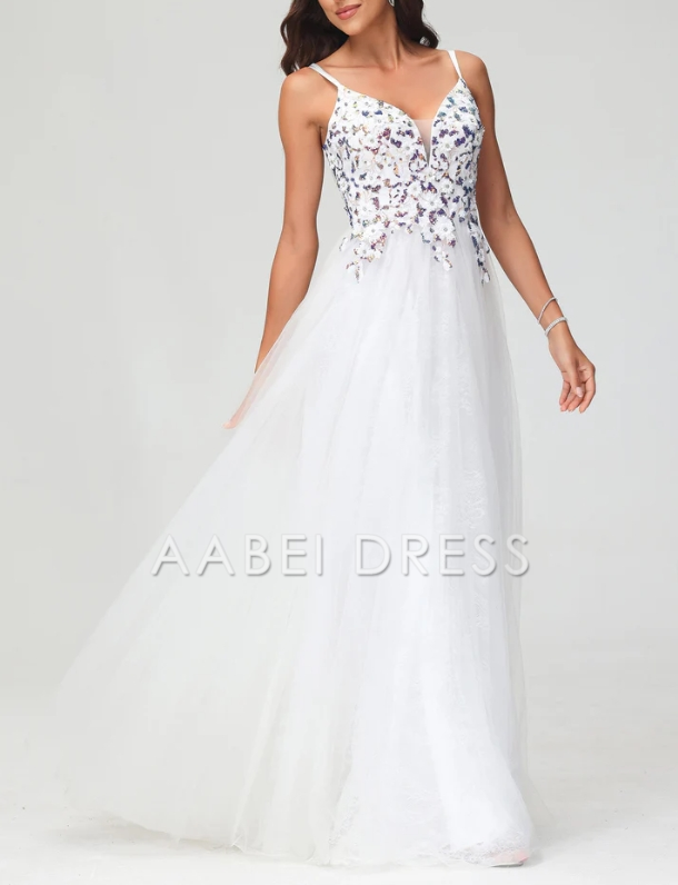 AABEI DRESS A-Line Deep V-Neck Spaghetti Straps Tulle Floor-Length Dress Elegant Evening Dress