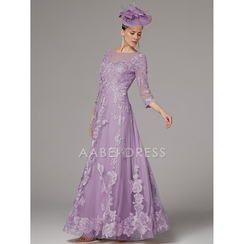 AABEI DRESS Wedding Guest Dress Exquisite A-Line Jewel Neck 3/4 Length Sleeve Beach Wedding Floor Length Lace Pleats Appliques Gorgeous Mother of the Bride Dress