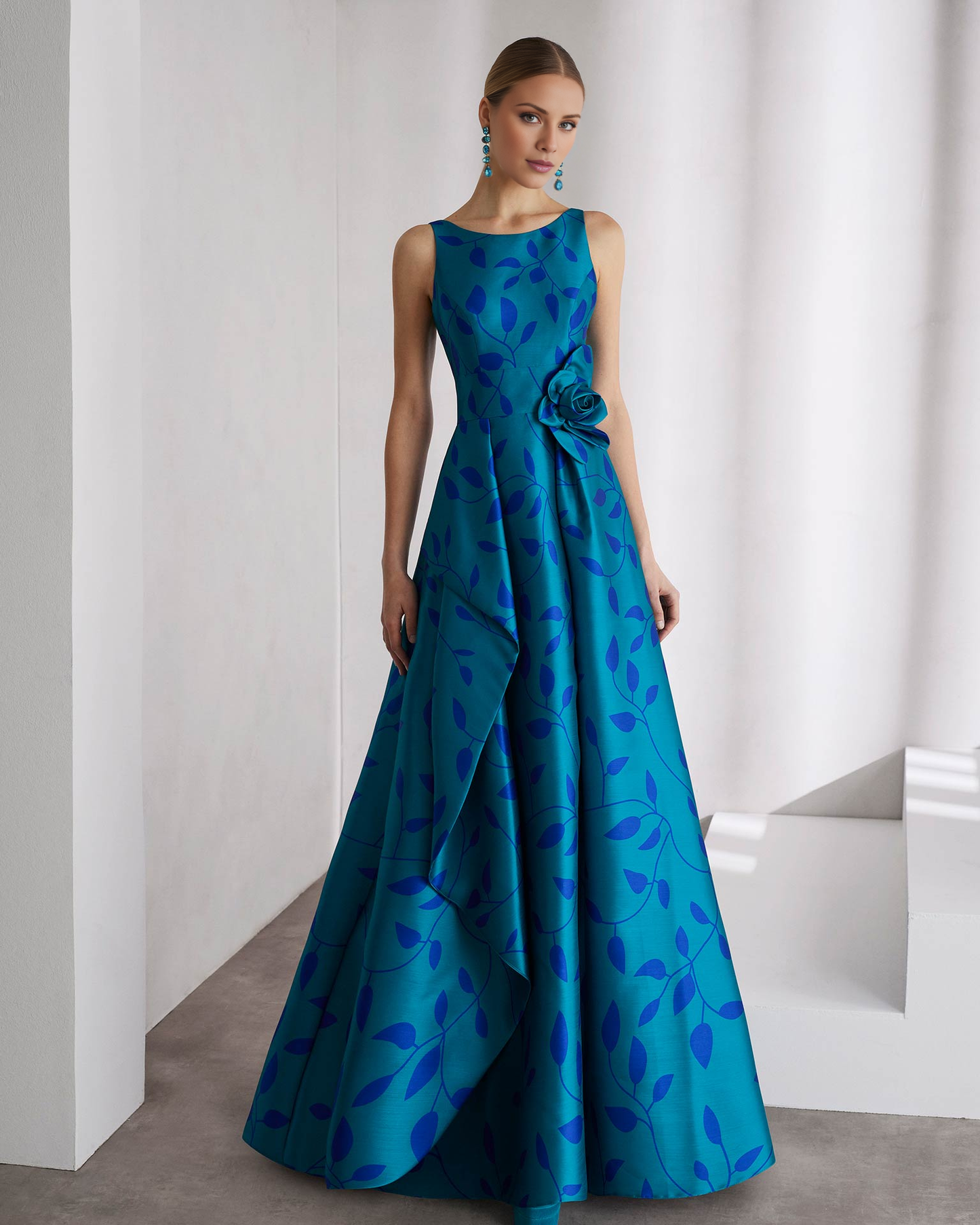 AABEI DRESS A Line Sleeveless Long Evening Dress Made in Satin Featuring Bateau Neckline Open Back Print Party Dress