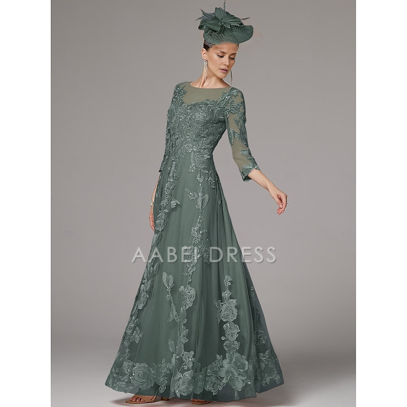 AABEI DRESS Wedding Guest Dress Exquisite A-Line Jewel Neck 3/4 Length Sleeve Beach Wedding Floor Length Lace Pleats Appliques Gorgeous Mother of the Bride Dress