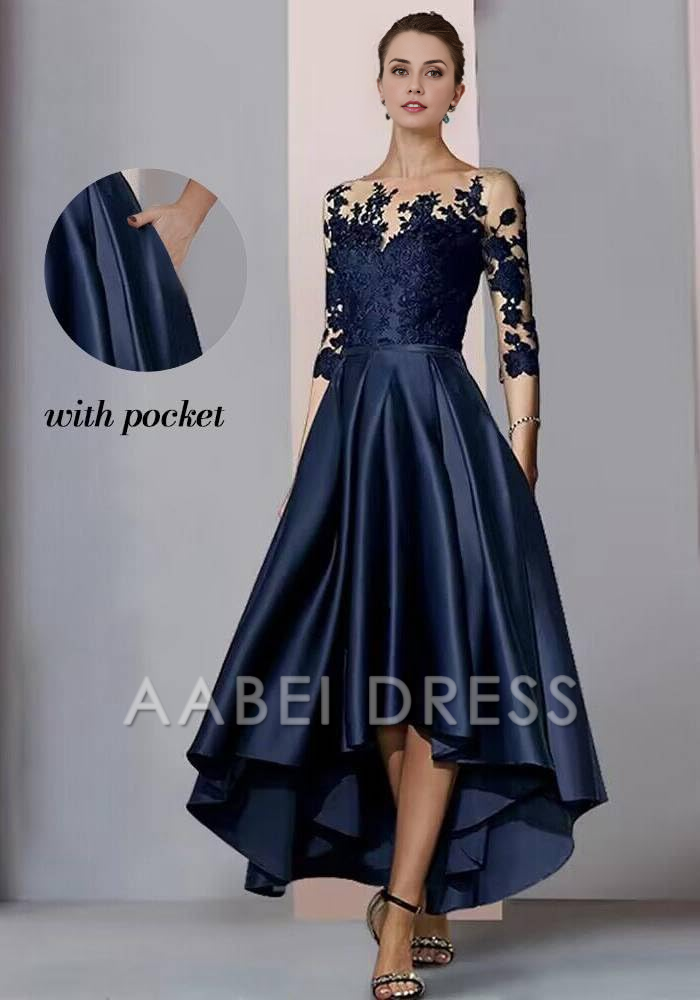 AABEI DRESS High Quality Mother of The Bride Dress High Low with Pockets Lace Appliques Satin Elegant Dresses Formal Dresses