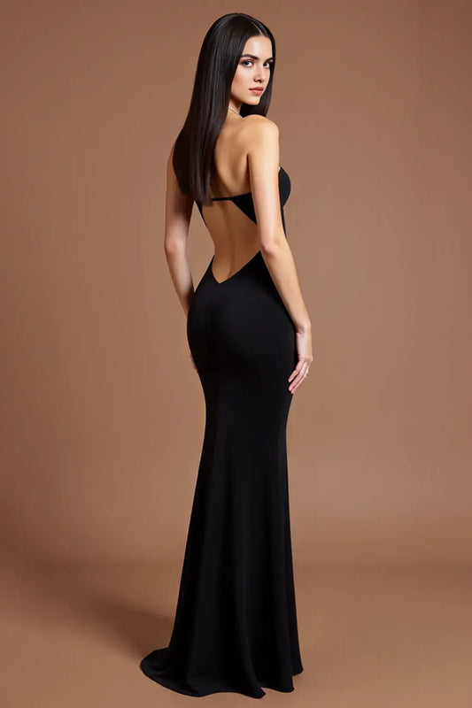 Charming Black Satin Sheath Mermaid Strapless Sweetheart Neckline Backless Long Formal Dress with Slit Long Formal Dress Hot Sale Evening Dresses