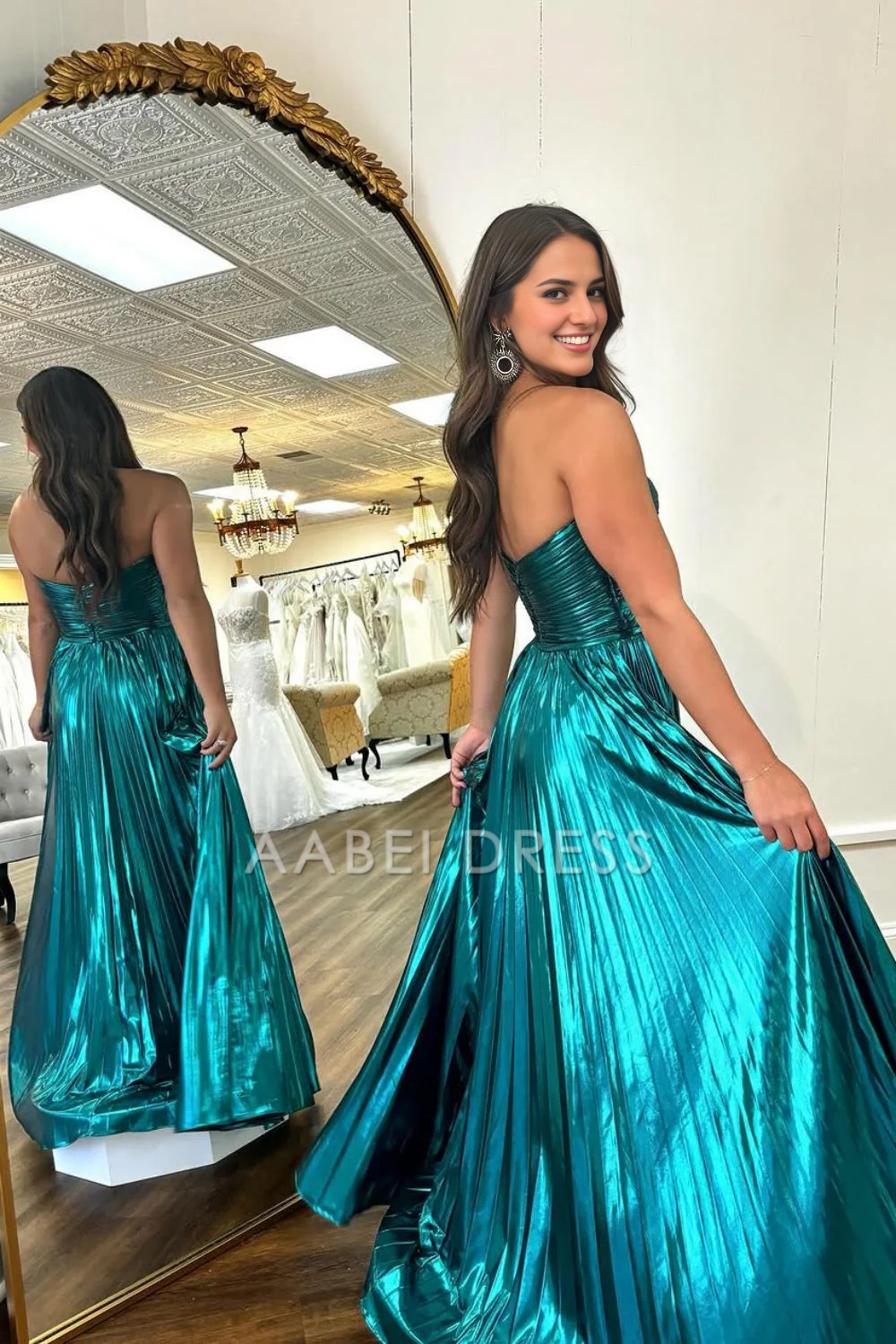 AABEI DRESS Hot Sale Prom Dress A-Line Sweetheart Long Pleated Metallic With Slit Fashion Formal Dress
