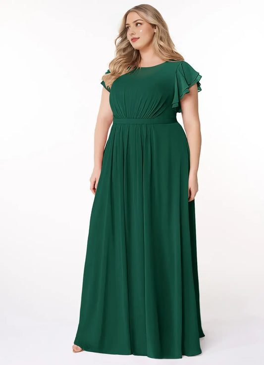 Wedding Guests Dresses Emerald A-Line Boat Neck Double-Layer Ruffled Flutter Sleeve Floor-Length Minimalist Plus Size Formal Dress Discount Hot Sale Prom Dress