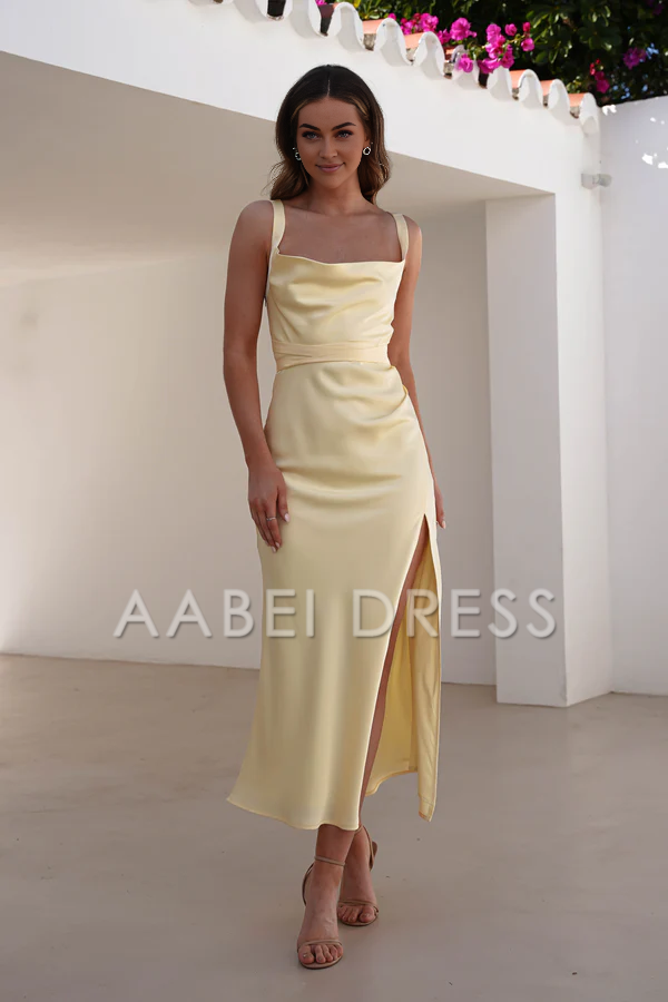 AABEI DRESS Prom Dress Petite Square Neck Thick Strap Thigh Split Elegant Simple dress