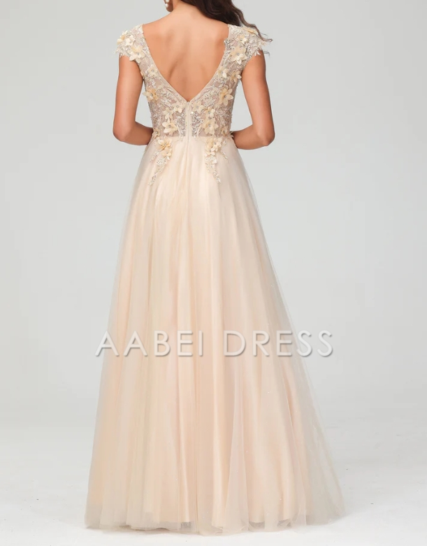 AABEI DRESS A-Line V Neck Cap Sleeves See-through Applique Tulle Floor Length Dress Elegant Evening Dress