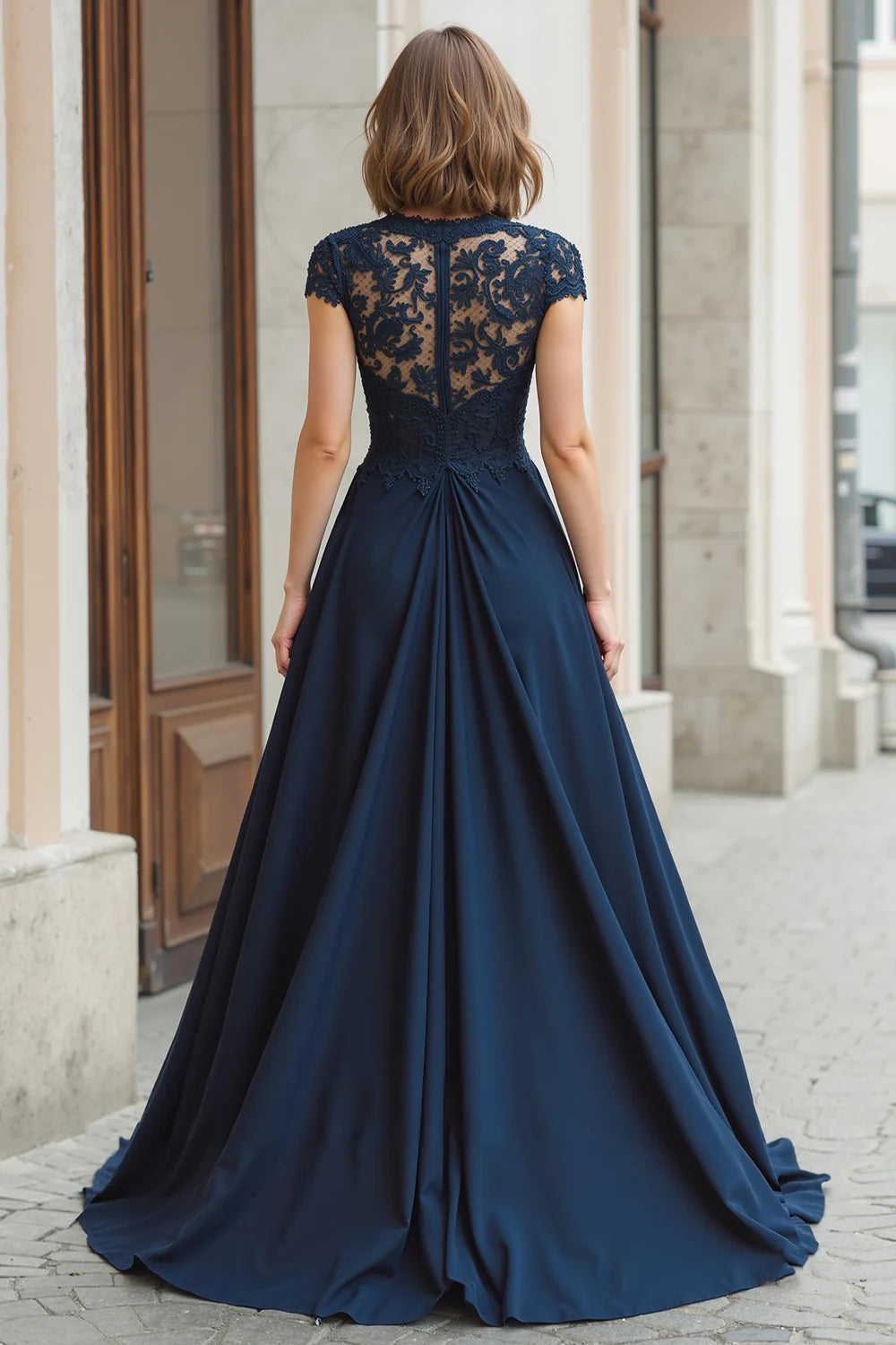 Retro Navy Chiffon A-Line Round Neck Cap Sleeve Lace Long Elegant Wedding Guest Dress For Women New Style Mother of the Bride Dress