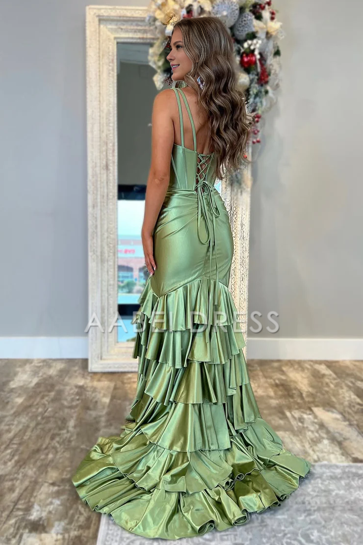 AABEI DRESS Prom Dress Cute Mermaid V Neck Spaghetti Strap Satin Tiers Long with Slit Fashion Formal Dress