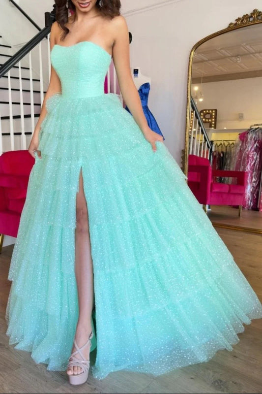 Aqua Blue Sparkle Tulle A-Line Strapless Sweetheart Neckline Tiered Ruched with Slit Gorgeous Wedding Guest Dress Long Hot Sale Prom Dresses