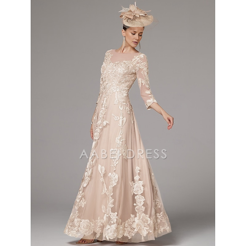 AABEI DRESS Wedding Guest Dress Exquisite A-Line Jewel Neck 3/4 Length Sleeve Beach Wedding Floor Length Lace Pleats Appliques Gorgeous Mother of the Bride Dress